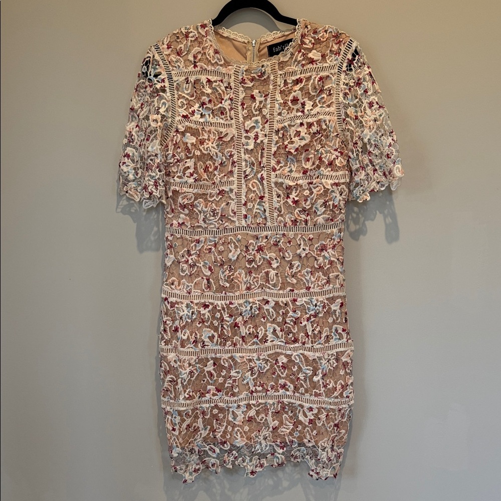 fab'rik Cream Lace Mini Dress with Floral Embroidery